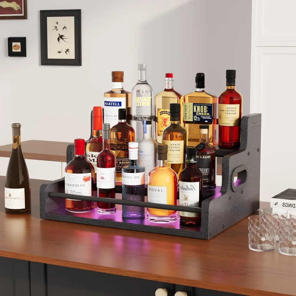 3-Tier LED Liquor Display Shelf with Remote Control, Whiskey Wine Bottle Rack for Home Bar Cabinet