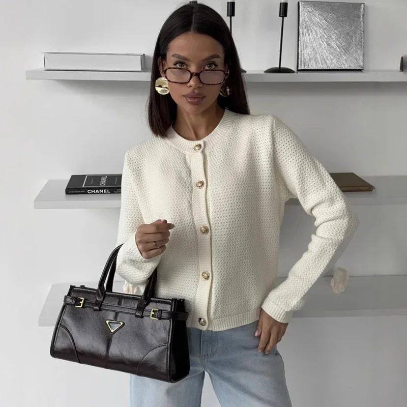 

Solid Casual Knitted Cardigan For Women Metal Buttons Long Sleeve Slim Sweater Coat Autumn Winter New Female Top