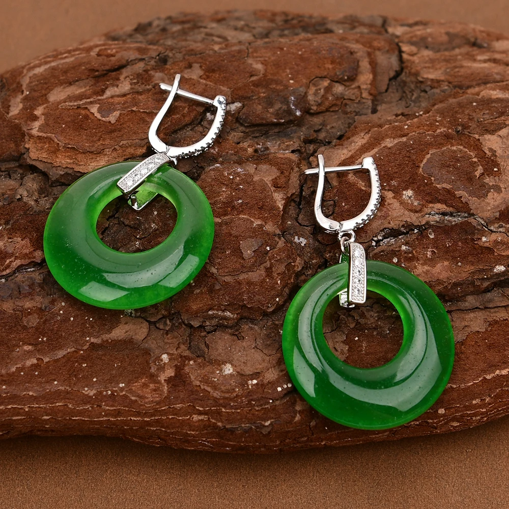 GG Natural Green Jade Circle Zircon CZ Paved Crystal Dangle Silver Color Stud Earrings Handmade Lady Jewelry Gifts