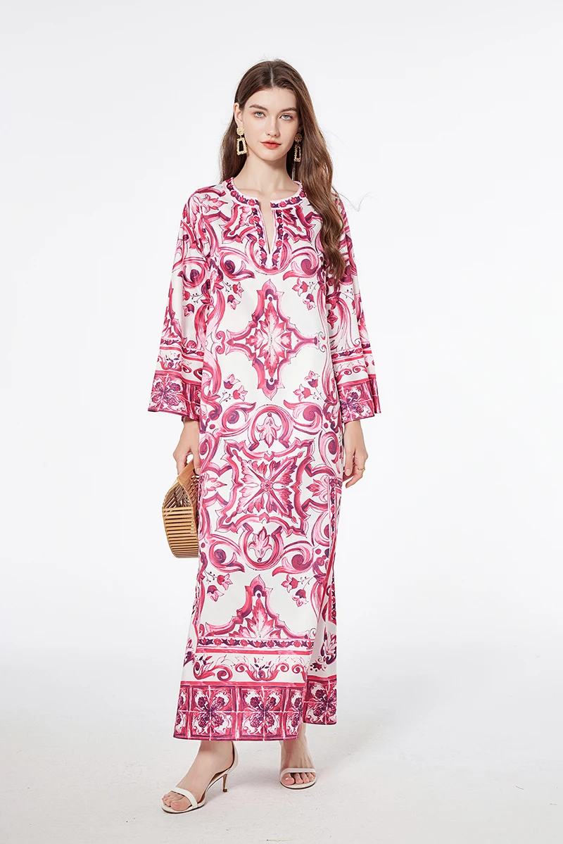Fashion Autumn Runway Long Dress Women Red Blue and White Porcelain  Printing Side Split Bohemian Loose Maxi Dresses Robes - AliExpress 200000345