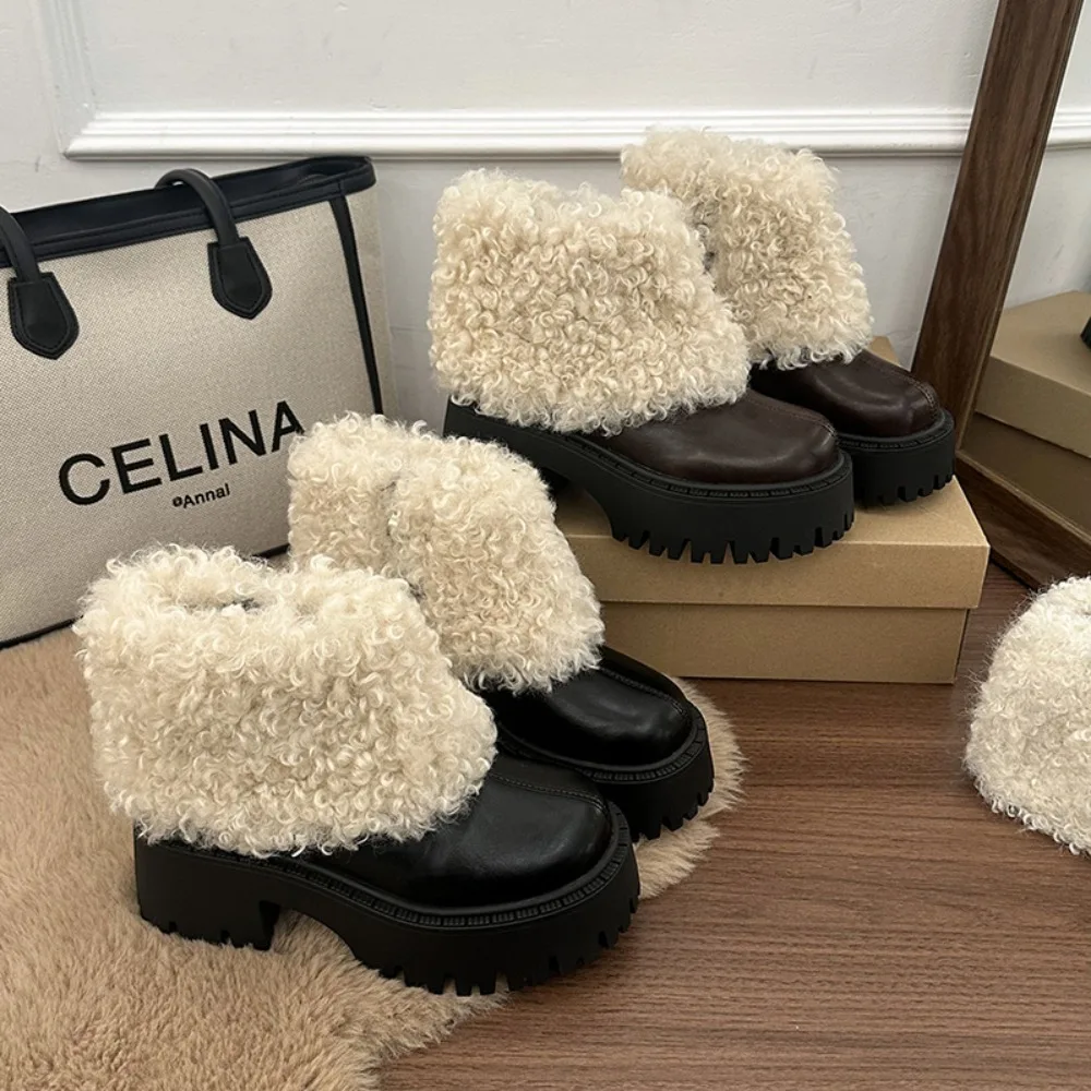 New Fashion Furry Lambwool Women Winter Snow Boots chunky Thick Bottom High Heels Shoes Ladies Platform High Heel Punk Booties