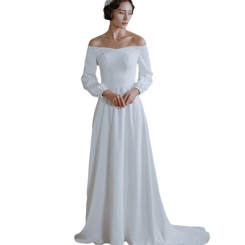 2023 abiti da sposa con spalle scoperte maniche lunghe abito da sposa a trapezio in raso servizio fotografico Tour Backless Robe De Mariée abito da sposa