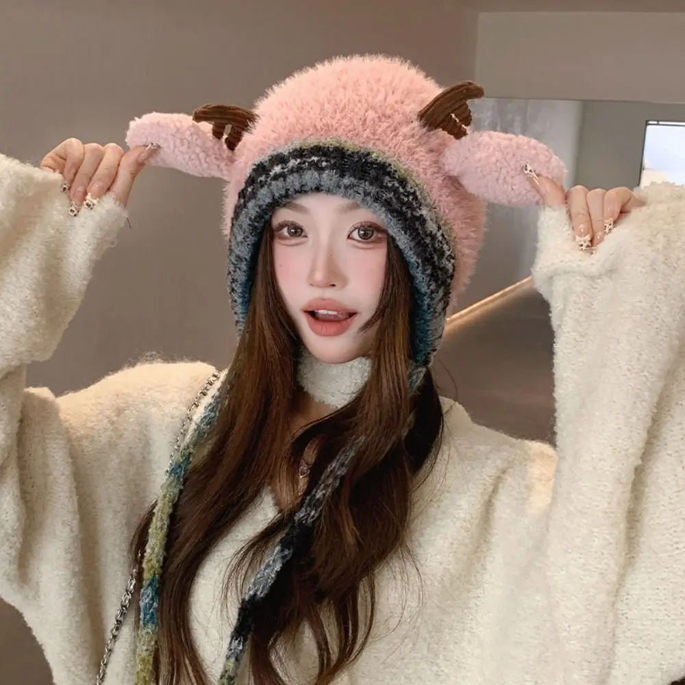 New Fur Deer Storage Hat Ear Protection Warm Knitted Deer Antler Hat 2 In 1 Elastic Earmuffs Hat Winter