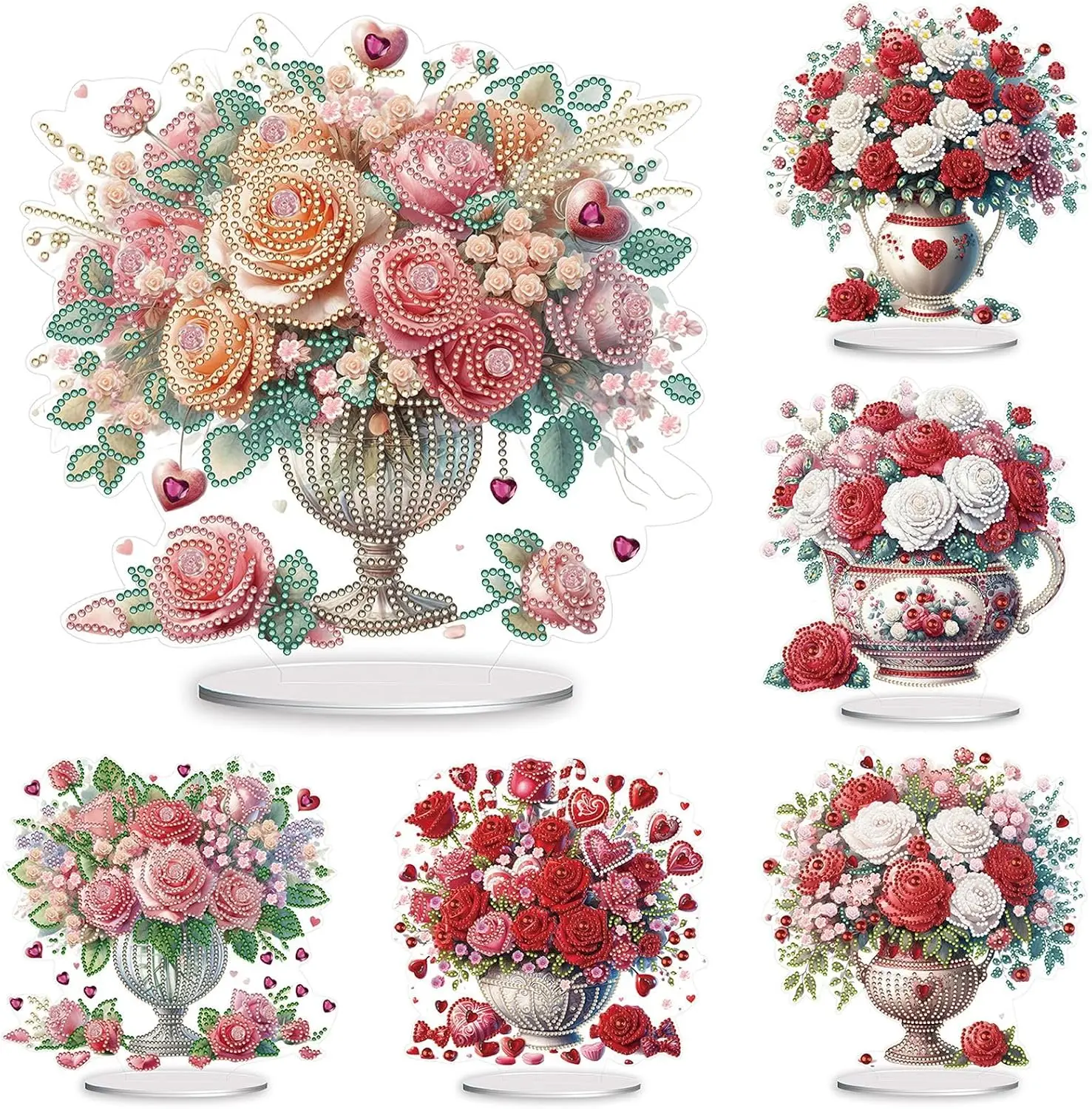 5D Diamond Art Ornaments Kits, DIY Diamond Art Painting Rose Bouquet Desktop Ornament, Special Shaped Crystal Spring Diamond Art Painting Tabletop Home Office Decor-6PCS-Rose Bouquet
