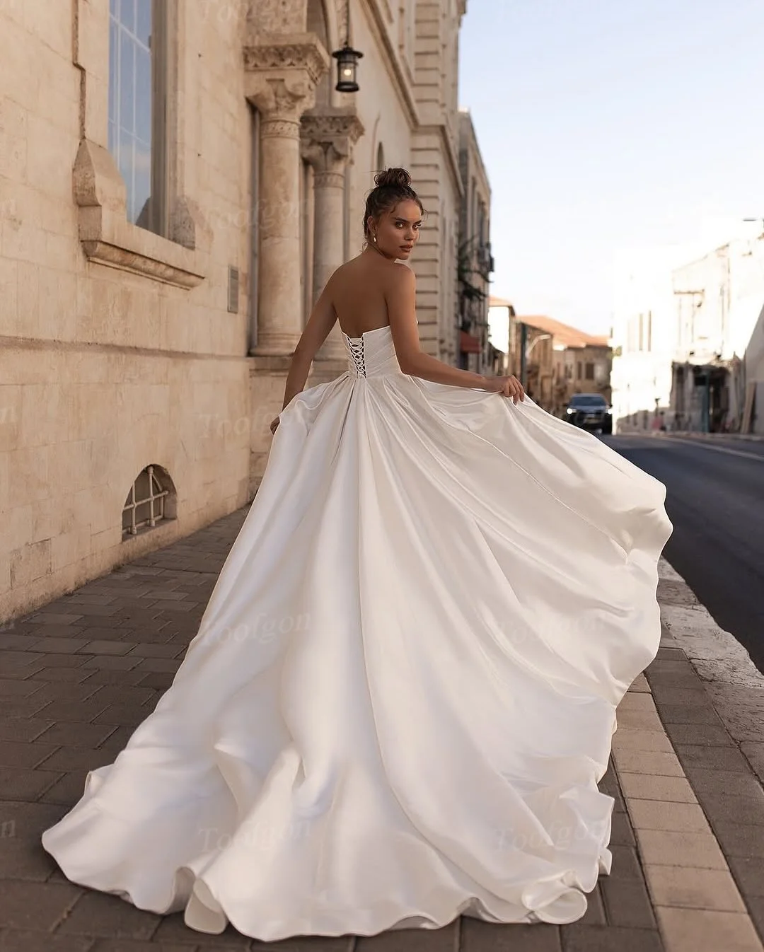 Toofgon A Line Satin Bride Wedding Dresses Customized Strapless High Slit Corset Back Bridal Gowns Formal Wedding Photo Shoot image 2