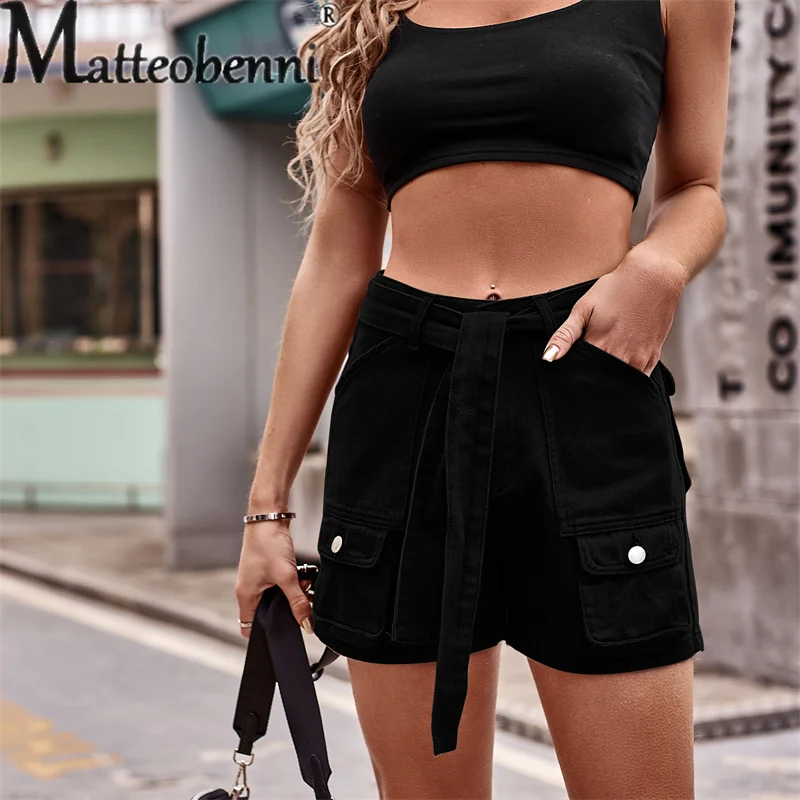 2023 Summer New Mid-waist Lace-up Denim Overalls Female Fashion Casual Streetwear Loose Splicing Pocket Women Solid Color Shorts