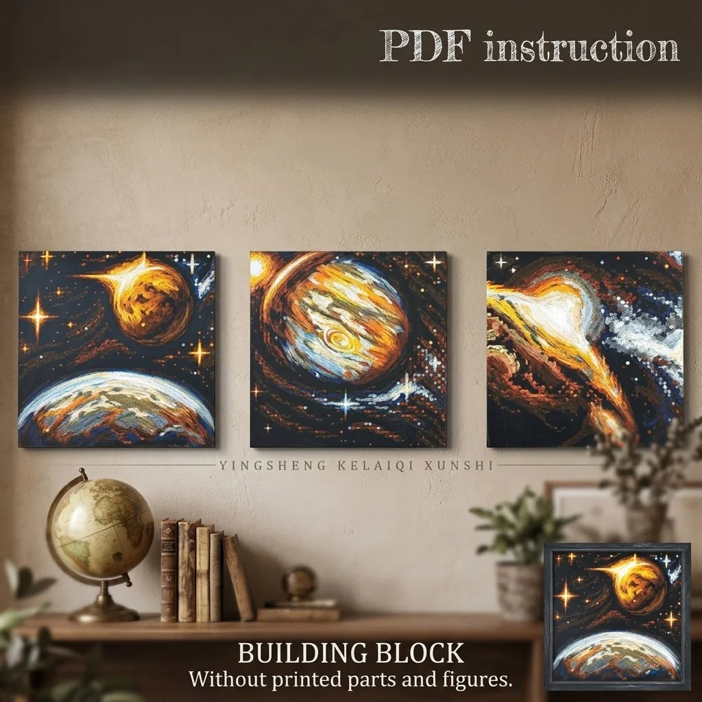 

Celestial Planet Mosaic Galaxy Triptych 3-Piece Wall Art Space Exploration Pixel MOC Block Model