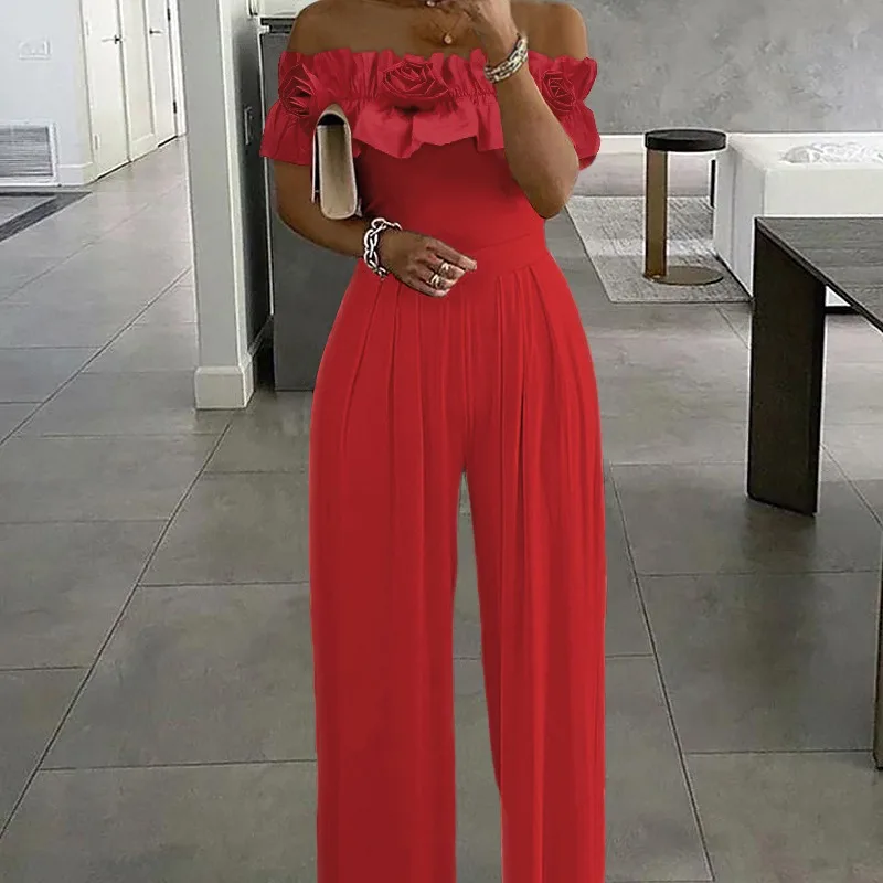 

2024 Spring Summer New Women's Solid Color Three-Dimensional Rose off-Shoulder Waist Wide Leg One-Piece Trousers