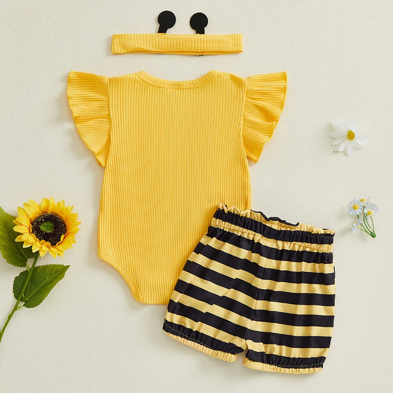 

Toddler Girl Floral Print Sleeveless Romper Ruffle Shorts Headband 3Pcs Outfit Set Summer Clothes for Baby Girl