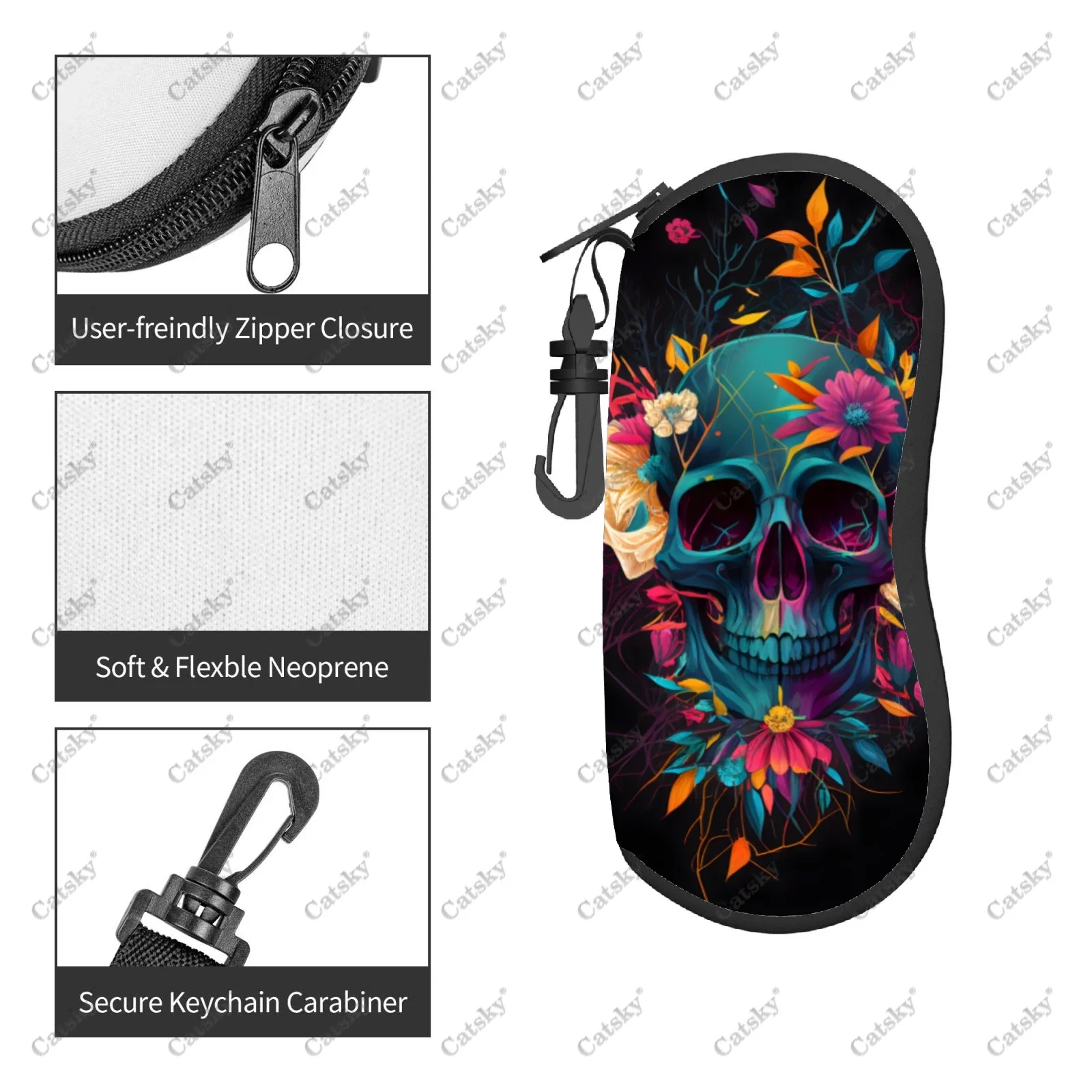 skull Glasses Case Printed Travel Zipper Sunglasses Bag Pattern Classic Men's and Women's Storage Glasses Bag