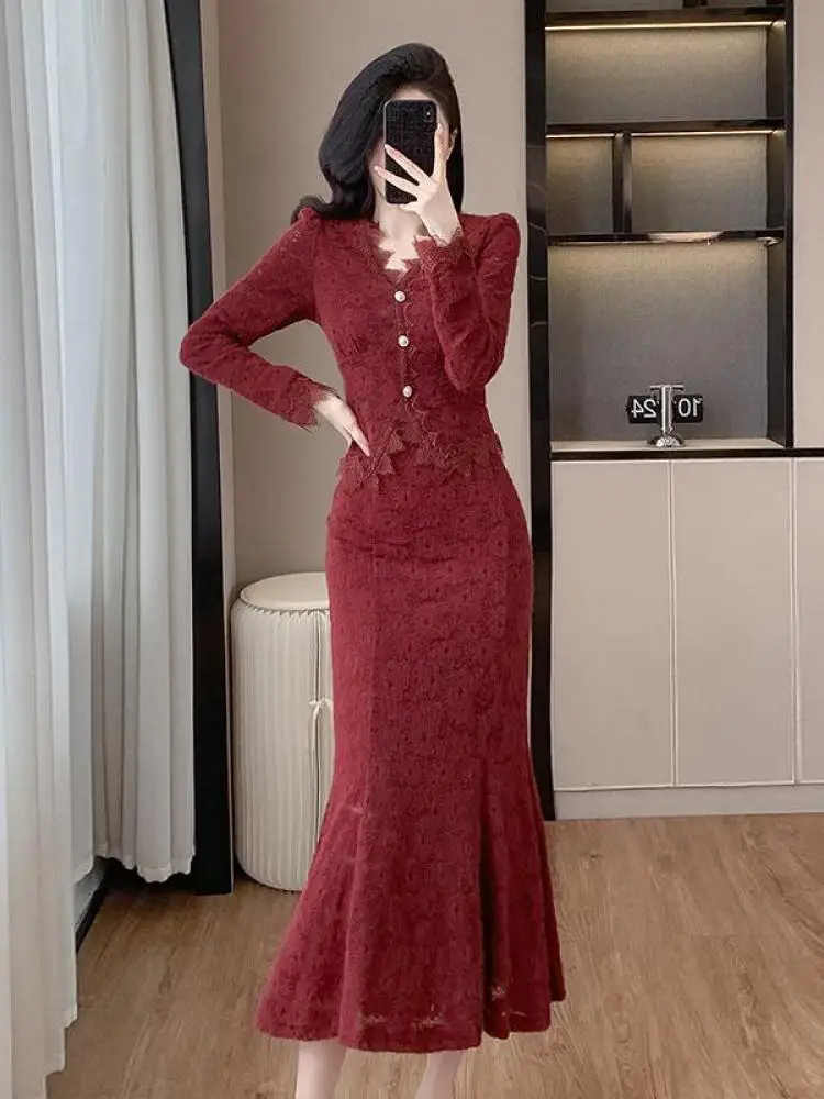 

Women Two-piece Sets V-neck Lace Single Breasted Top And Sexy Temperament Skirt Korean Fishtail Street Summer Clothing Outfits