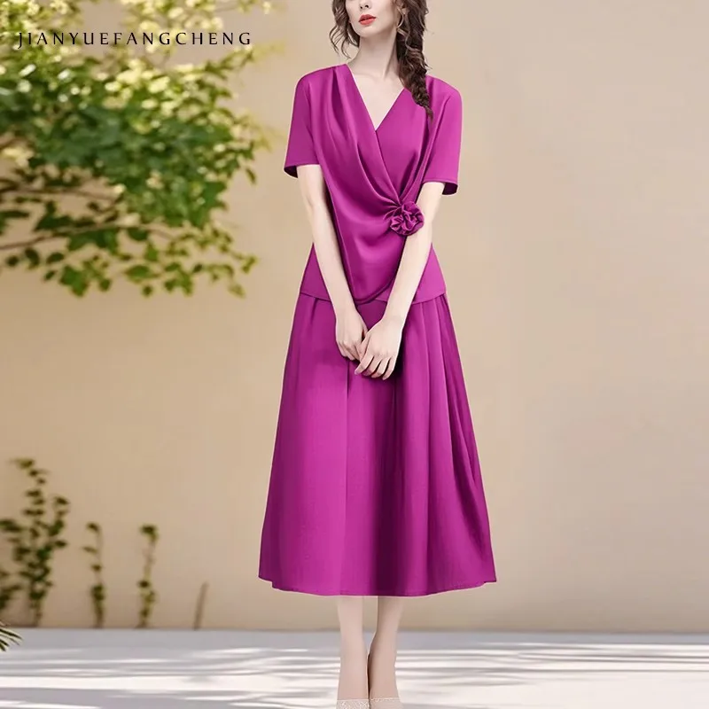 Fashion Womens Short Sleeve Magenta Blouse Stretching V-neck Top Elegant Slim 3D Flowers Casual Vintage Shirt