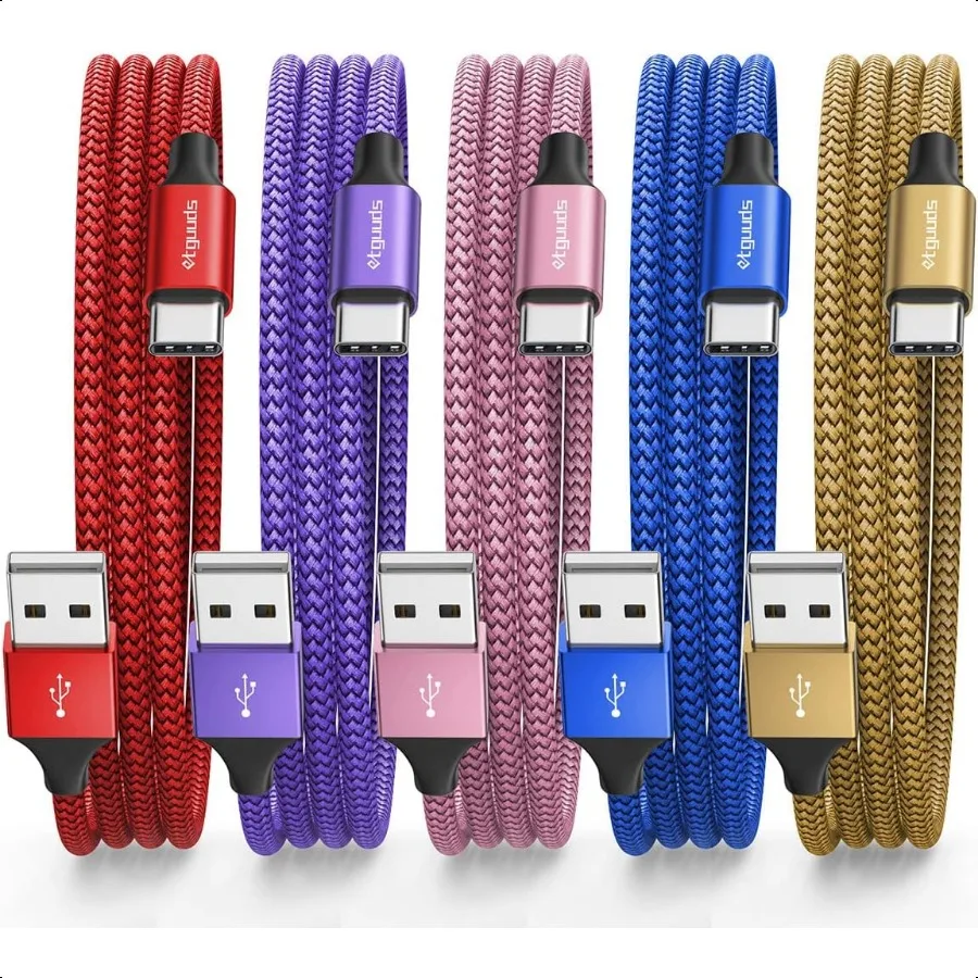 لون USB C كابل 3ft 5 حزمة USB إلى USB C كابل الشاحن سلك شحن سريع نوع C مضفر آيفون 15 لسامسونج غالاكسي S24 S