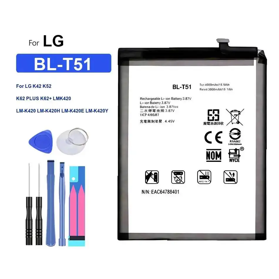

Аккумулятор мобильного телефона 4000 мАч Премиум-замена BL-T51 для LG K42 K52 K62 Plus K62 + LMK420 LM-K420 LM-K420H LM-K420E LM-K420Y
