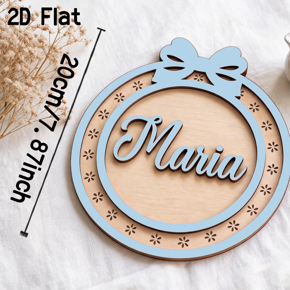 Personalized Round Bow Wooden Baby Name Plaque,Letter Plaque,Floral Cut‑out Nursery Wall Decor,Girl Baby Shower Keepsake Gift