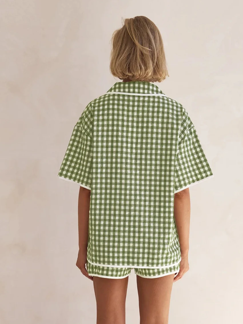 Marthaqiqi Plaid Female Nightgowns Suit Half Sleeve Nightwear Lace Up Pajamas Turn-Down Collar Nightie Skirt Casual Home Clothes