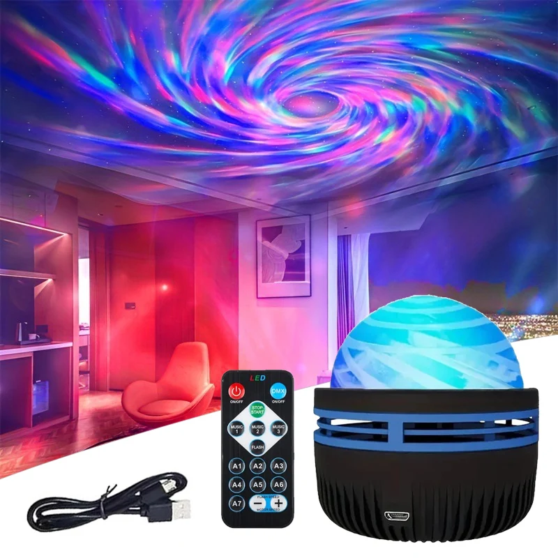 Proyector de estrellas Aurora LED USB, luces nocturnas, iluminación giratoria de 360 °, Control remoto, Ola oceánica, luz del norte para dormitorio,