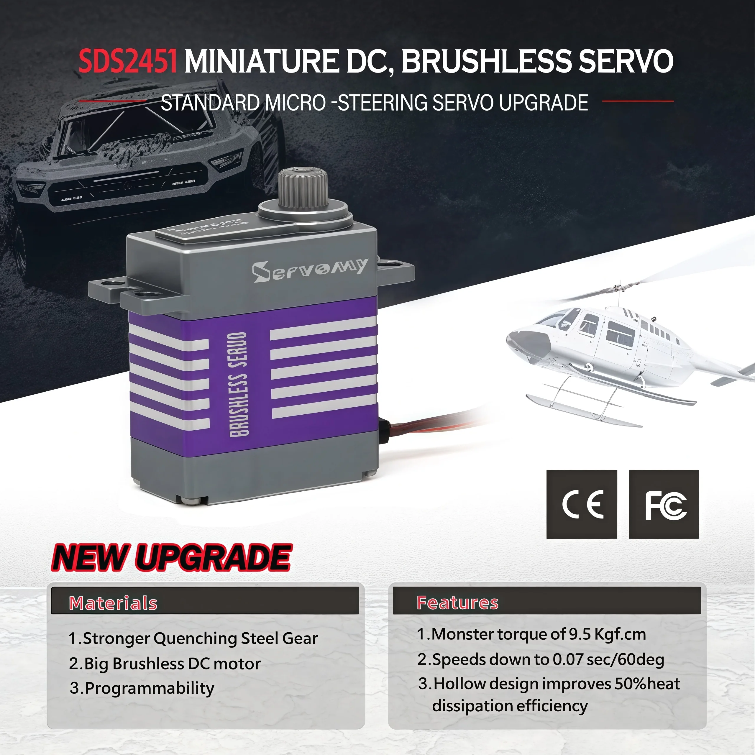 SERVOMY- محرك سيرفو صغير بدون فرش عزم دوران عالي، 9.5 كجم. سم 0.07 ثانية 8.4 فولت علبة ألومنيوم ميتال جير، لطائرة هليكوبتر 450، سيارة RC 1/18