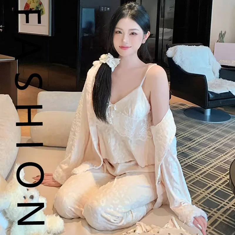 

[Флисовый принт острова с леопардовым принтом] Островные флисовые пижамы женские холодные леопардовые теплые подтяжки комплект домашней одежды осенний