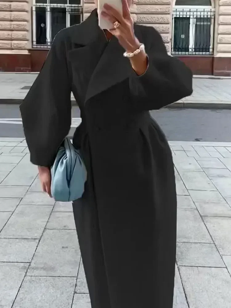Women Lapel Lantern Sleeve Long Jackets Solid Double Breasted Waist Fold Woolen Coat Winter Thick Warm Female Elegant Outwear