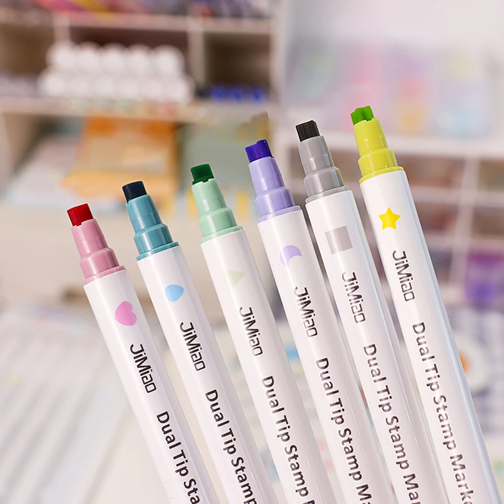 1/6 Pcs Highlighters Double headed Line Pen And Cute Stamp For Student Writing Painting Drawing  Art Stationery School Supplies