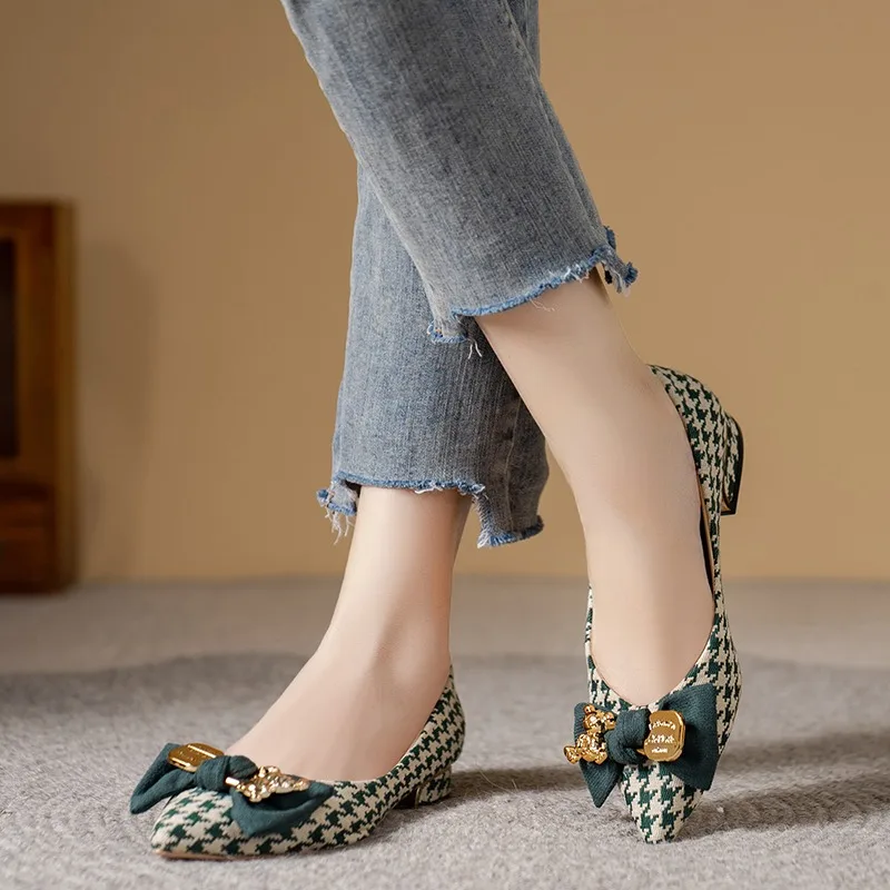 Mulheres apartamentos sapatos outono novo dedo do pé apontado deslizamento em cores misturadas houndstooth mocassins borboleta-nó boca rasa tênis feminino