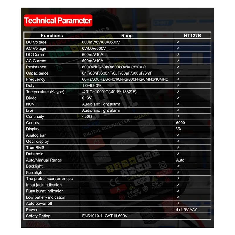 

HT127B Digital Multimeter 6000 Counts Universal Meter Auto Range True RMS Mini Multifunctional Meter NCV Tester