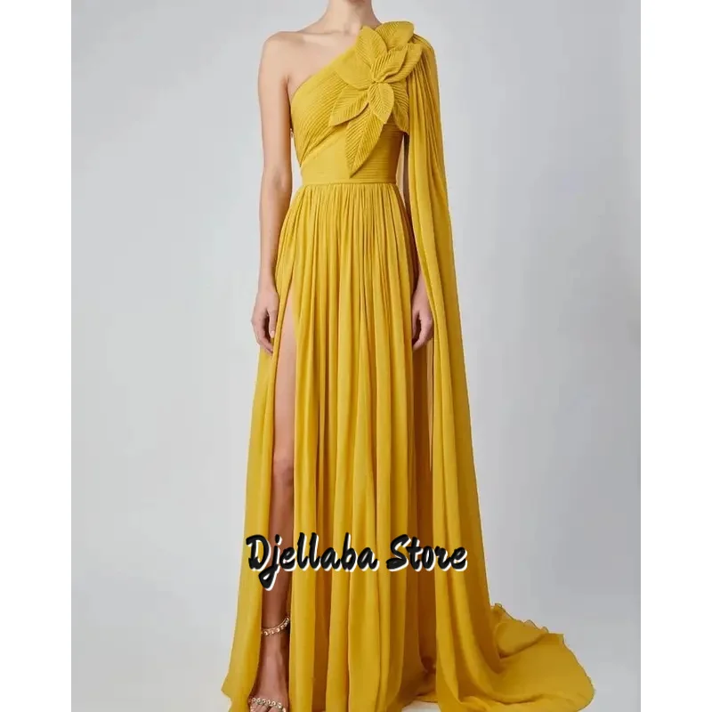 

Customized Delicate One Shoulder Watteau Train Flowers Evening Dresses Modern Front Slit Chiffon Robe De Soirée Vestid
