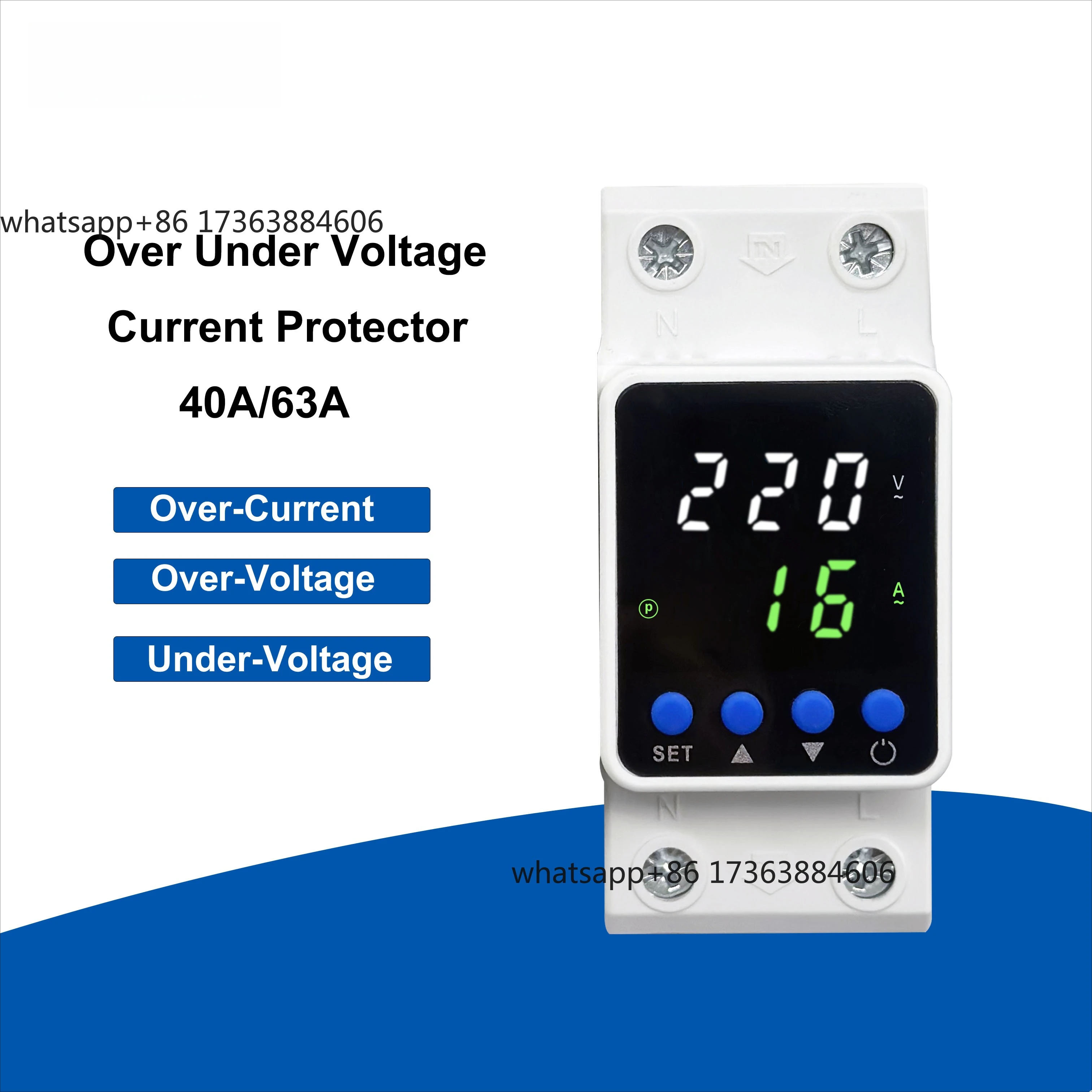 220V 40A 63A 80A Single Phase AC Current Din Rail Adjustable Over Voltage Current Voltage Protective Device Protector Relay