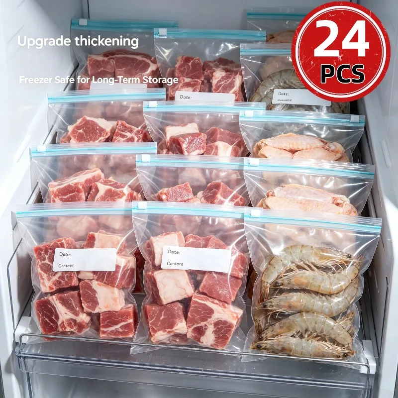 24Pcs Reusable Ziplock Food Storage Bags, Leakproof Freezer Bags for Fruit, Meat and Vegetables