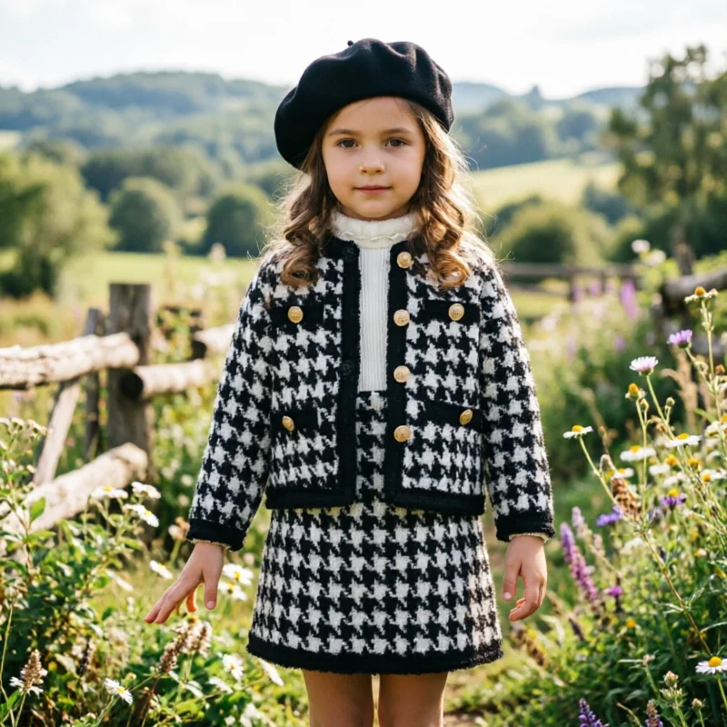 2026 New Girls Tweed Coat & Pleated Skirt 2-Piece Set Elegant Spring Autumn Formal Outfit Luxury Boutique Children's Clothes