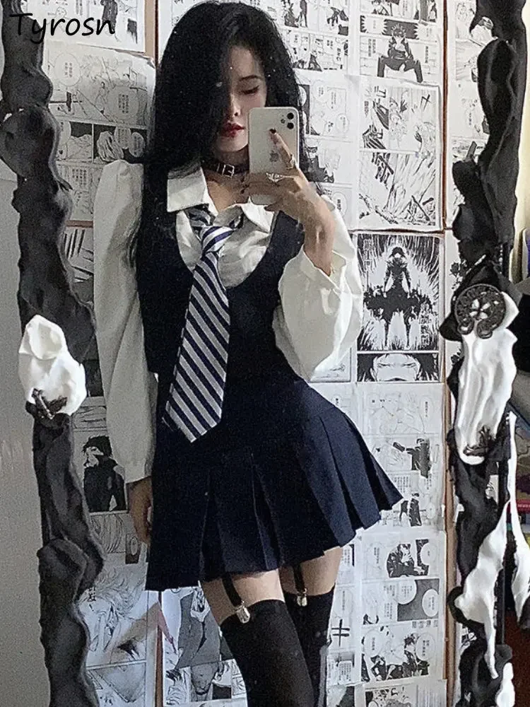 

Комплекты плиссированных юбок, женский дизайн, простой консервативный стиль, чистая рубашка с пышными рукавами, повседневный шикарный мини-жилет, укороченный студенческий Ulzzang, весна