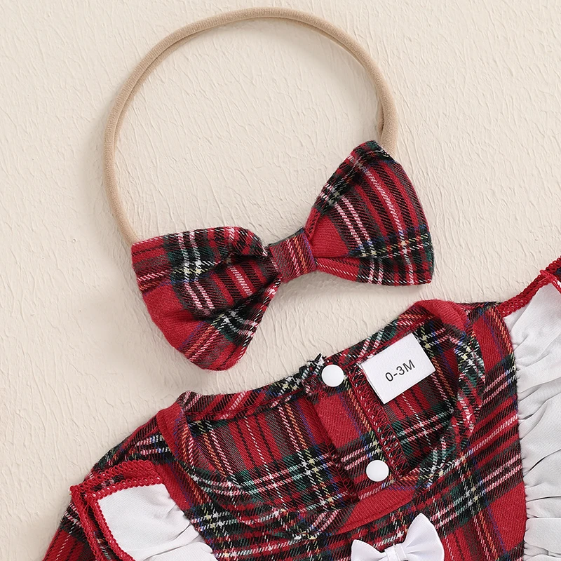 Baby Girls Christmas Outfits Long Sleeve Plaid Patchwork Romper Dress + Headband Set Newborn Xmas Clothes