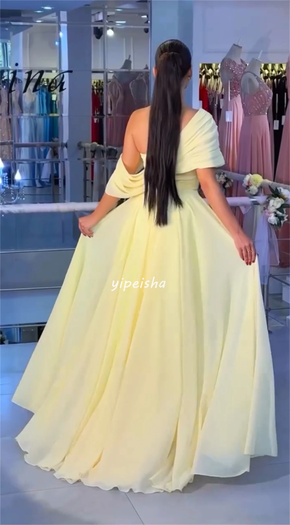 Customized Casual Chiffon Ruched A-line Off-the-shoulder Long Dresses Evening Dresses Simple Retro Fashion Elegant Exquisite Hig