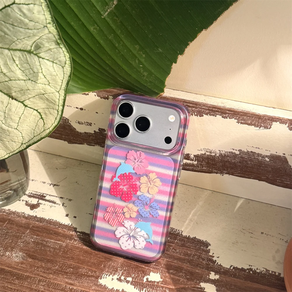 Glitter Rainbow Stripe Hibiscus Dolphin Phone Case For iPhone 15 16 17 Pro Max Colorful Hawaiian Flower Shockproof Cover