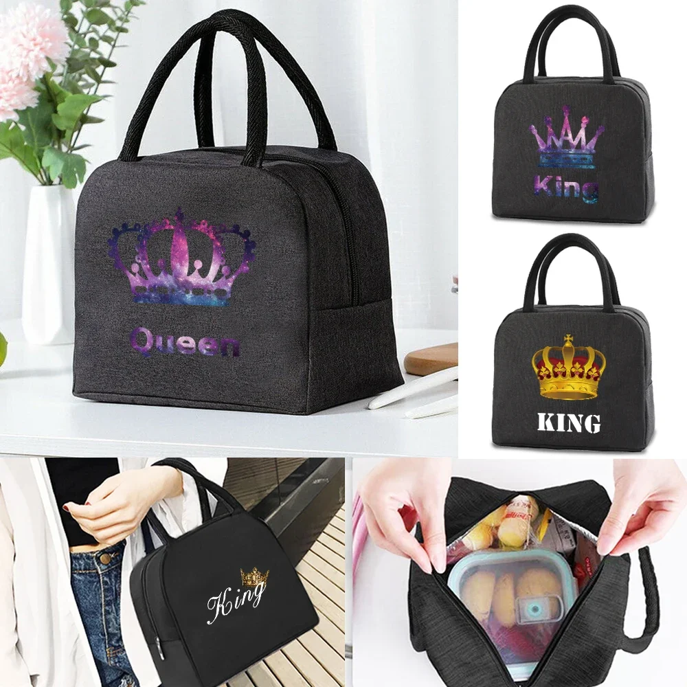 

Lunch Bag Women Work Cooler Handbag Kids Food Insulated Thermal Bags Lunch Box King Queen Print Portable Canvas Storage Packet