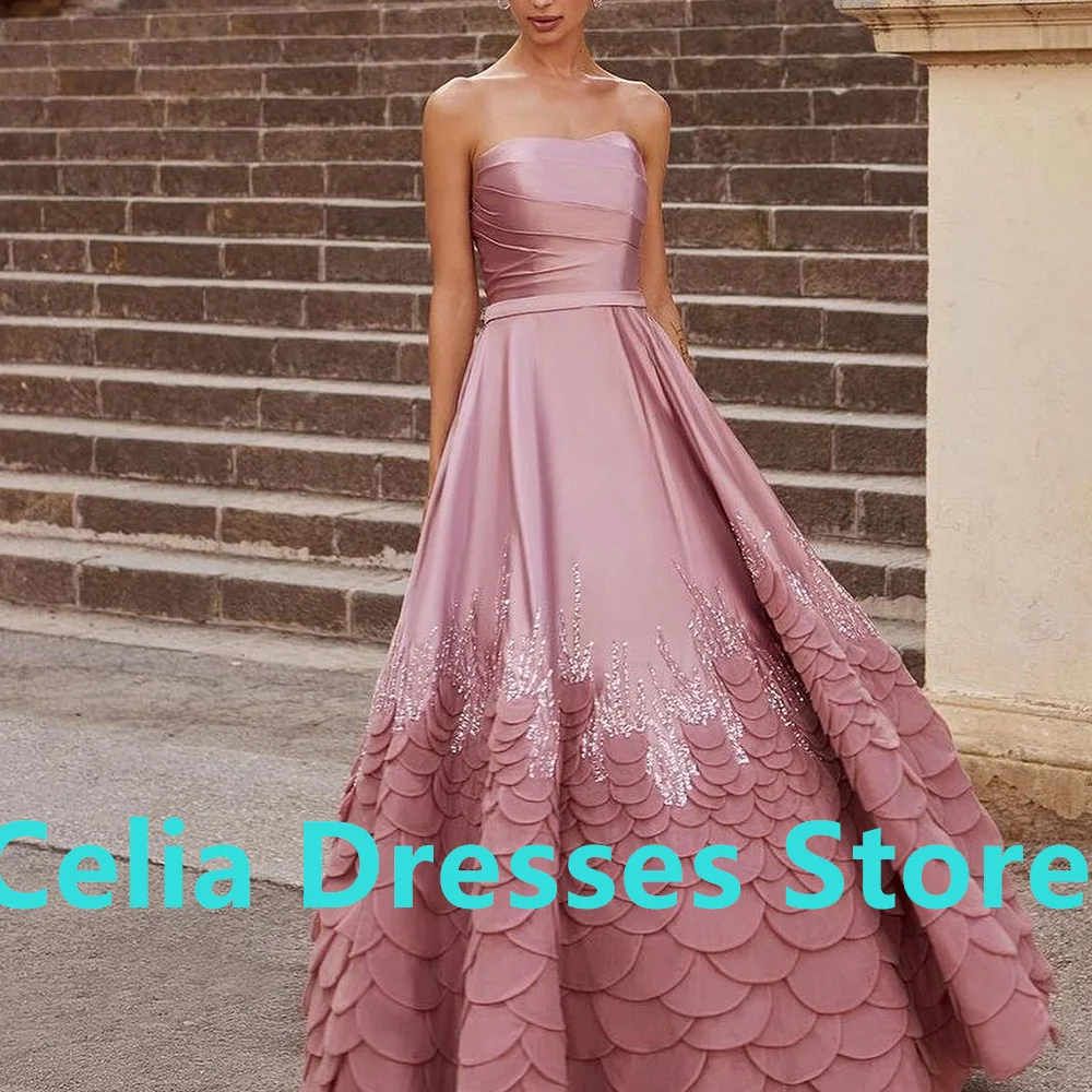 Floor Length A-Line Strapless Satin Sleeveless Classic Celebrity Dress Pleats Tiered Sequined Crystal Lace Quinceanera Gowns