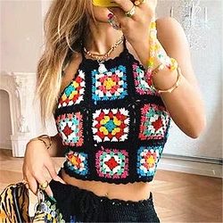 Women Bohemian Abdomen Bellyband Tops Hanging Neck Strap Hand-made Granny Square Hand Crochet Article Manual Hollow Out Knitted