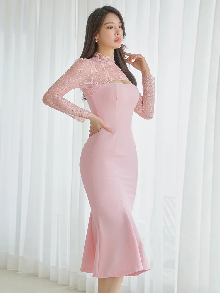 Femmes vêtements dentelle florale pure creux Sexy col montant mince Robe de soirée élégante dames fête d'anniversaire robes Fiesta Robe nouveau