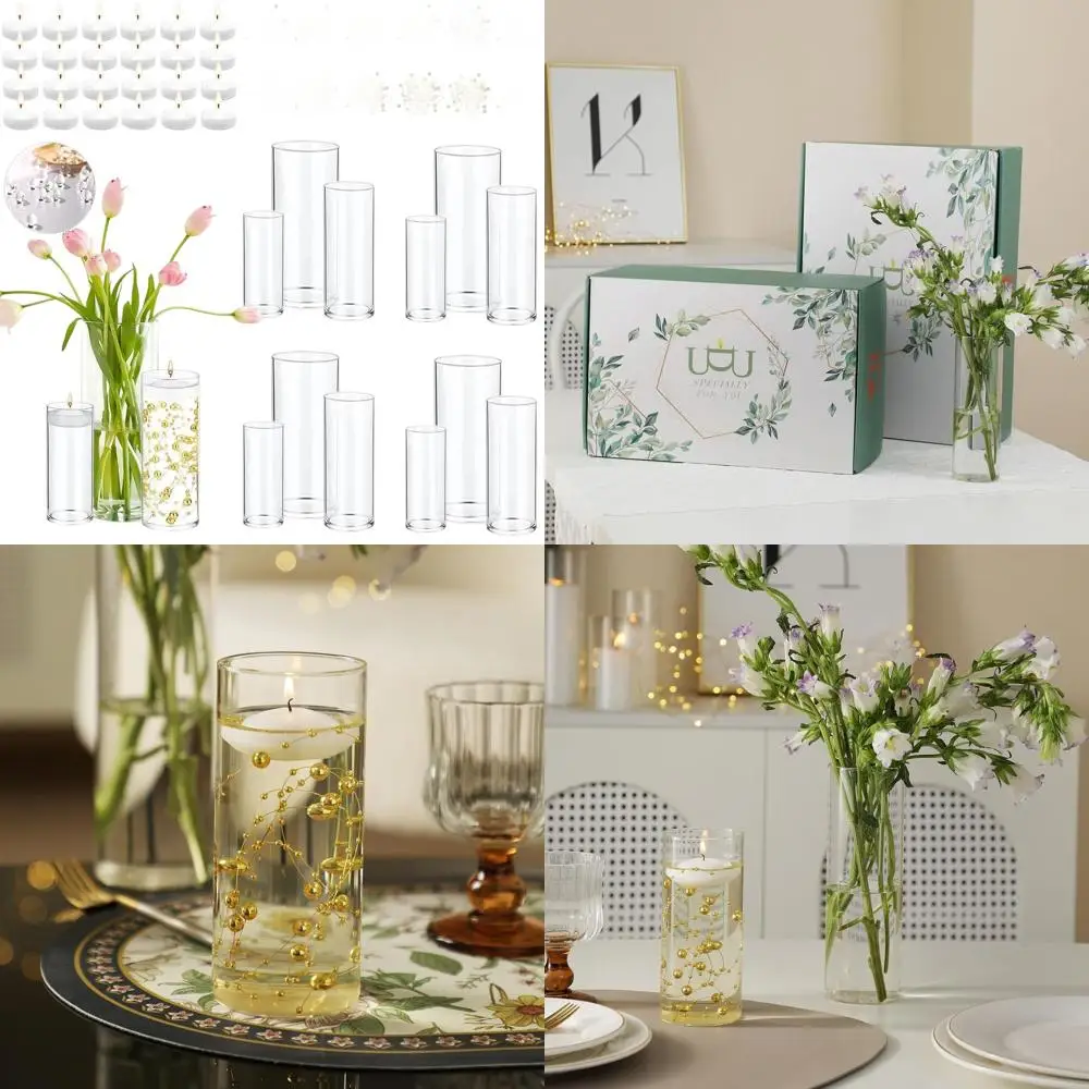 

12 Glass Cylinder Vases with Pearl Strings & White Candles for Wedding Table Centerpieces, 5-8 Inch