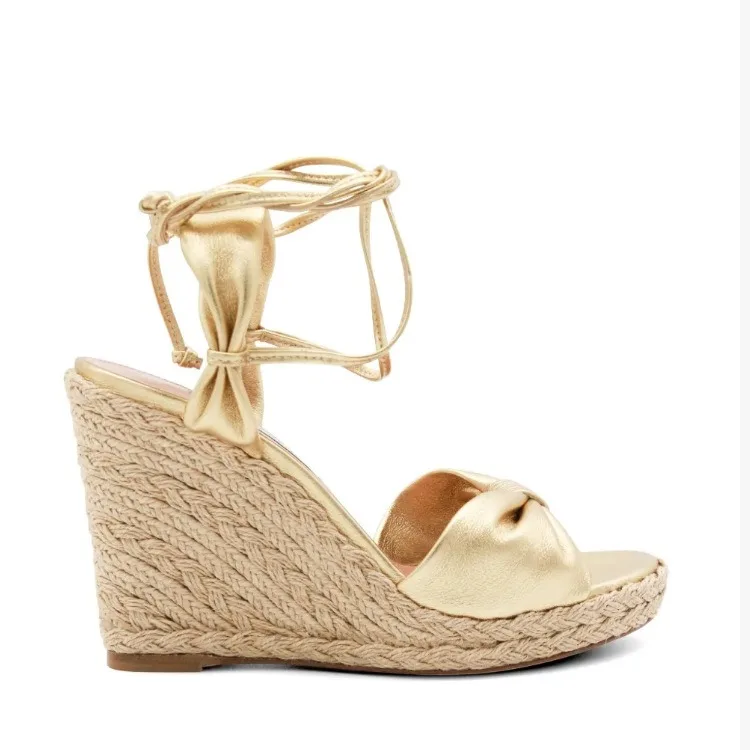 2026 Summer New Vacation Women Wedge Sandals Open Toe Pumps Espadrille Platform Metallic Gold Bow Elegant Ankle Lace  Sexy Shoes