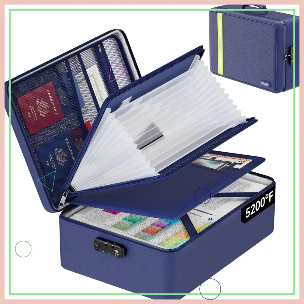 Fireproof Document Bag with Lock, Waterproof Storage Organizer, 13 File Folders, Portable Safe for Home Travel Office