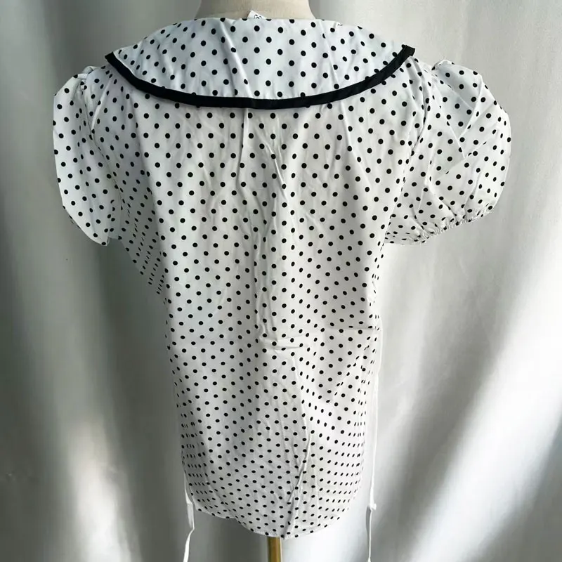 Kimotimo Puff Sleeve Polka Dot Short Sleeve Shirt Women 2026 Summer Peter Pan Collar Lace Up Button Blouse Sweet Y2k Crop Tops