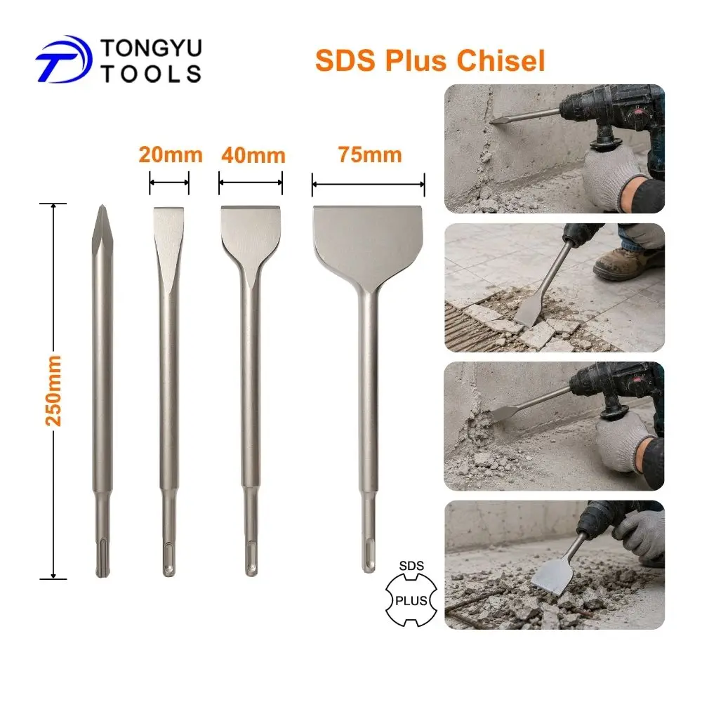 

SDS Plus Chisel Set 4 Pcs 250mm 40CrMo Alloy Steel Point Flat Wide Chisels for Tile Mortar Concrete Removal
