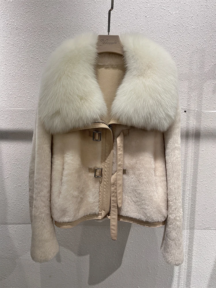 Manteaux en fourrure de mouton mérinos naturel pour femme, veste en cuir véritable, col en vraie fourrure de renard, épais et chaud, vêtements d'extérieur, hiver 2025