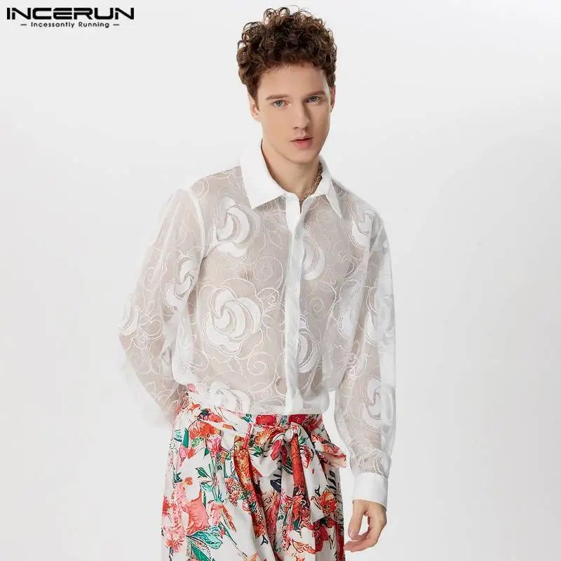 INCERUN Men's Shirt Mesh Lace Patchwork Transparent Lapel Long Sleeve Men Clothing Streetwear Sexy 2024 Fashion Casual Camisas