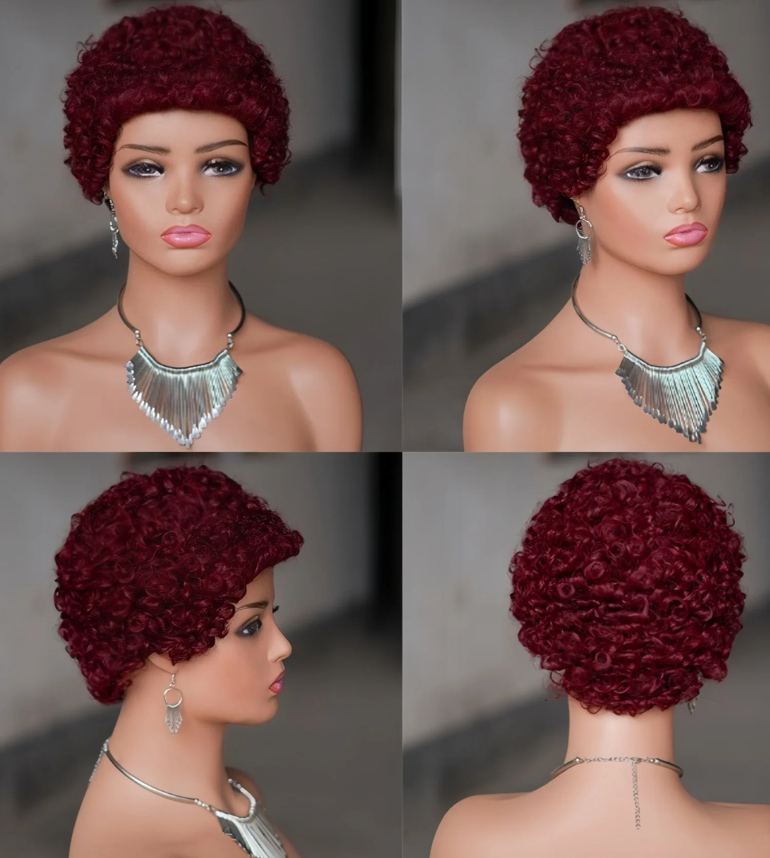 여성용 시크한 짧은 곱슬 가발 인모 픽시컷 브라질 인모 풀 머신 가발