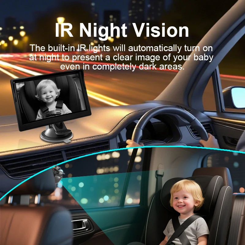 Car Baby Monitor View Infant in Rear Facing Seat Night Vision Camera with 5 Inch Display Screen Baby Car Mirror for Toddler Kids