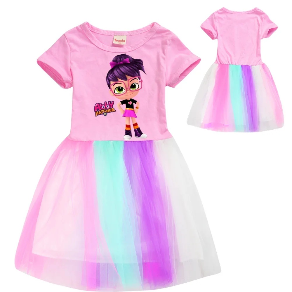 Abby Hatcher Kids Clothes Knee-Length Dresses Cotton Rainbow Full Dress Teenagers Cartoon Girls Clothing Party Clothes Hot Sell