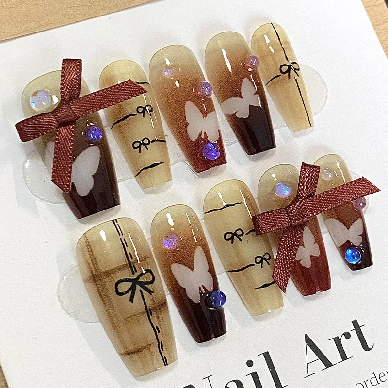 Autumn and Winter Smudge Gradient False Nail Patches Chocolate Colour Ribbon Bow Handmade Press On Nails Sweet and Lovely